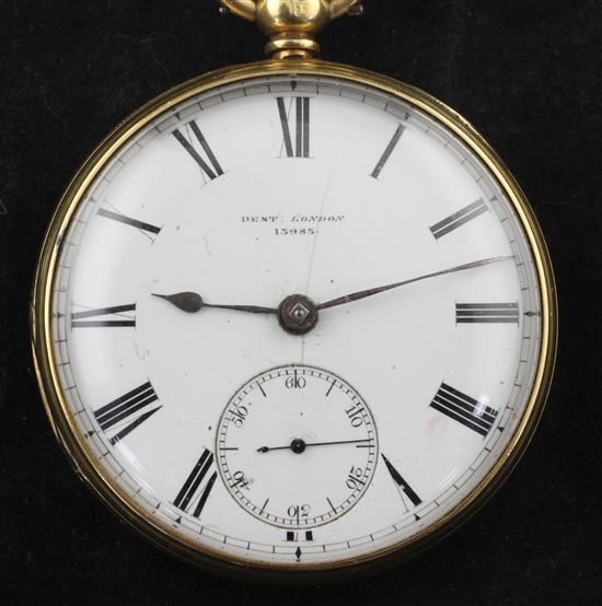 An 18ct gold open face keywind pocket watch by Dent, No. 13983,